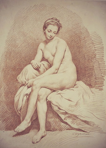 Louis Jean Francois Lagrenee - Jeune fille nue assise sur un lit vue de face regardant a terre