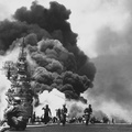 USS Bunker Hill hit by two Kamikazes-2