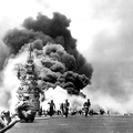 USS Bunker Hill hit by two Kamikazes